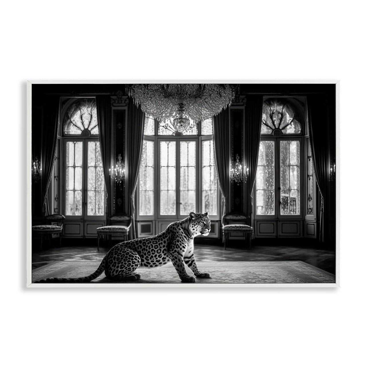 Stupell Industries Snow Leopard in Opulent Mansion Framed Giclee, design by Decent Exposures